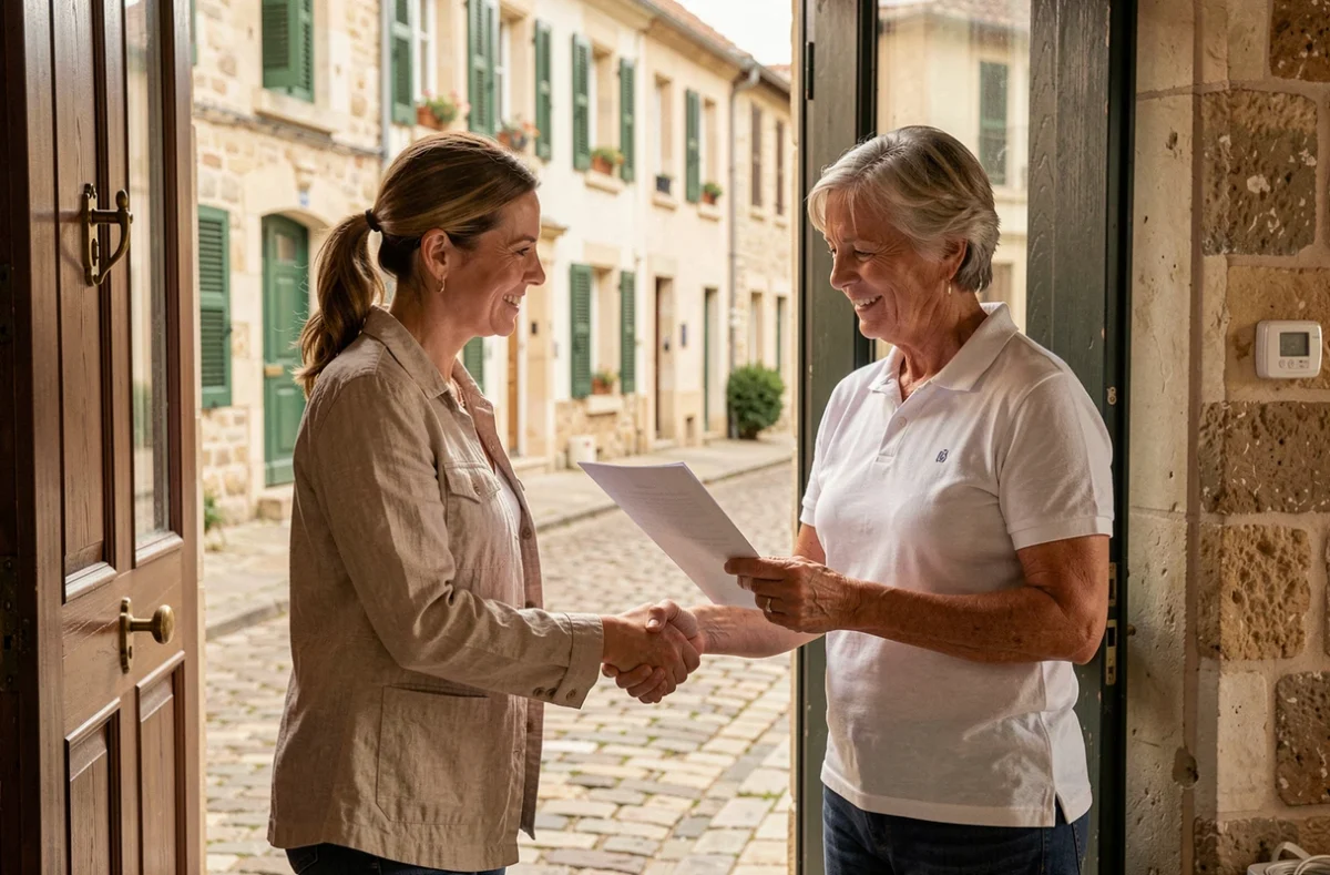 Propriétaire et femme de ménage se serrant la main devant une maison en pierre à Tours lors d'un accord de confiance