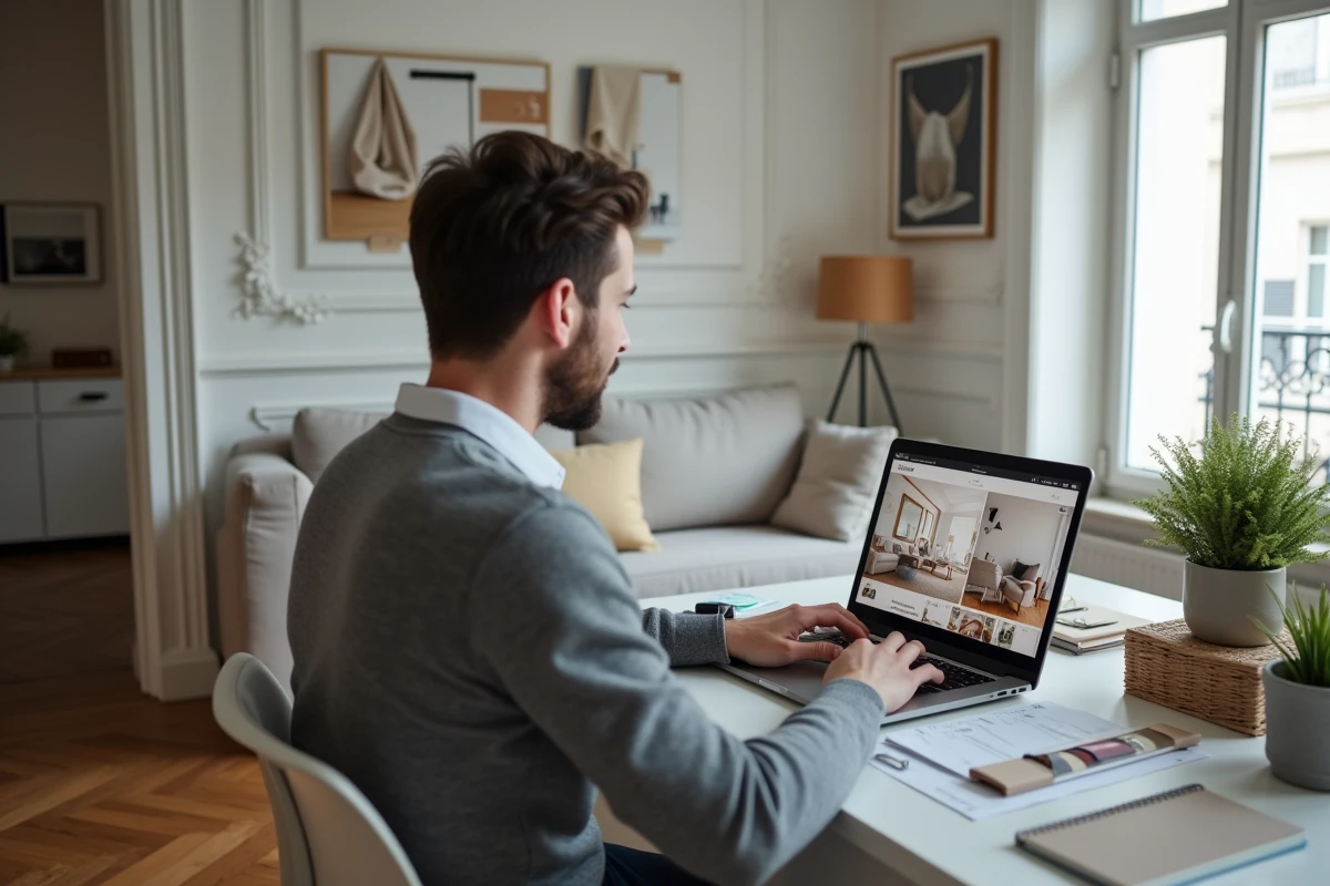 Homme consultant un site de vente en ligne de décoration intérieure sur un ordinateur portable dans un appartement lyonnais en cours d'aménagement