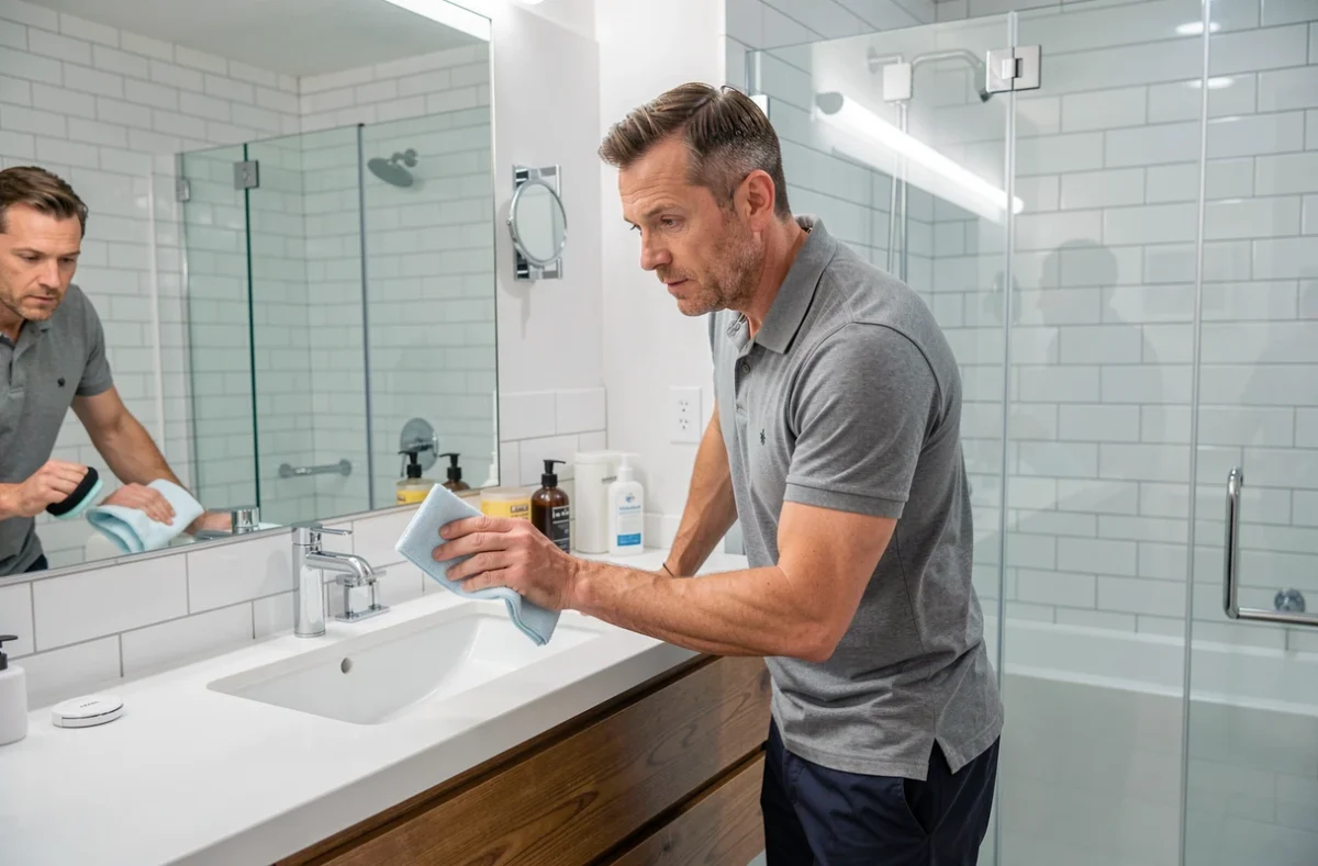 Aide ménager masculin nettoyant un miroir de salle de bain avec un chiffon en microfibre