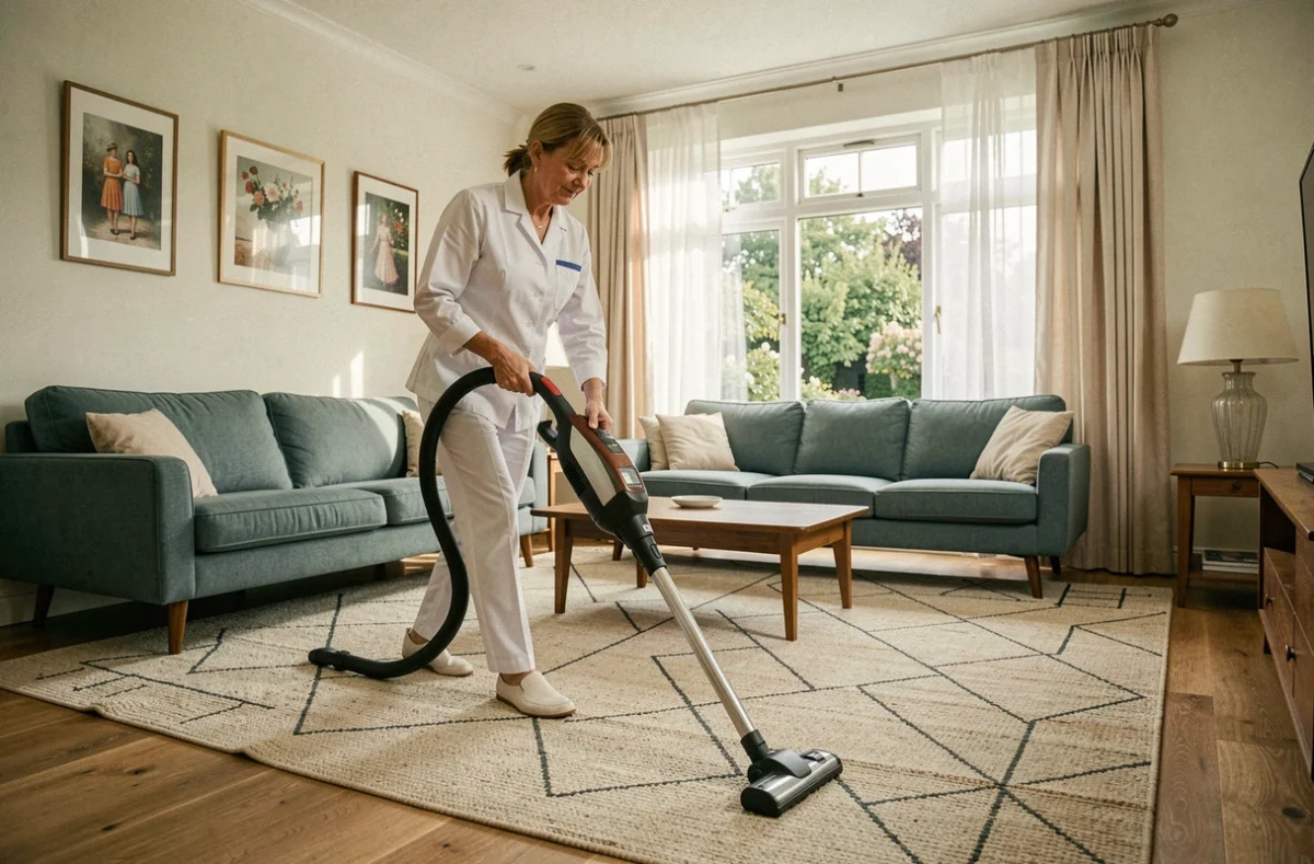 Aide ménagère passant l'aspirateur dans un salon moderne et bien aménagé