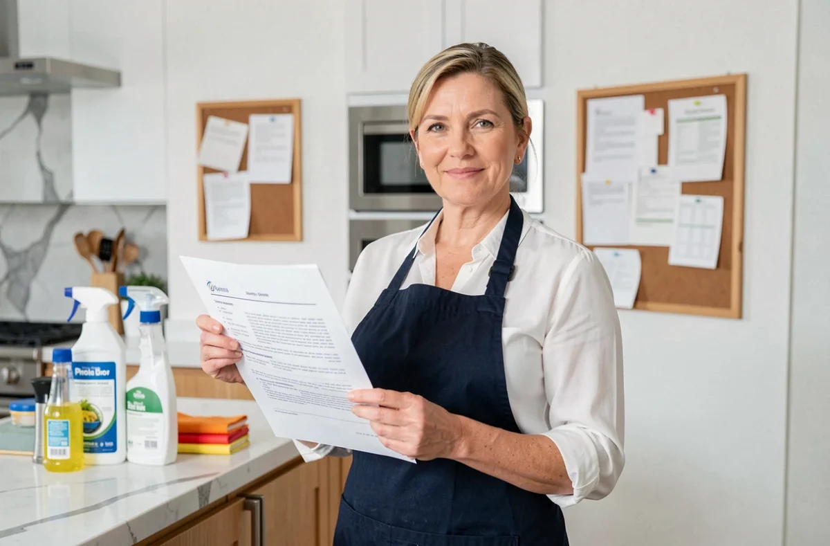 Aide ménagère tenant une fiche de candidature imprimée dans une cuisine bien organisée après recherche sur Indeed