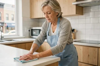 Aide ménagère professionnelle nettoyant le plan de travail d'une cuisine moderne à Saint-Nazaire