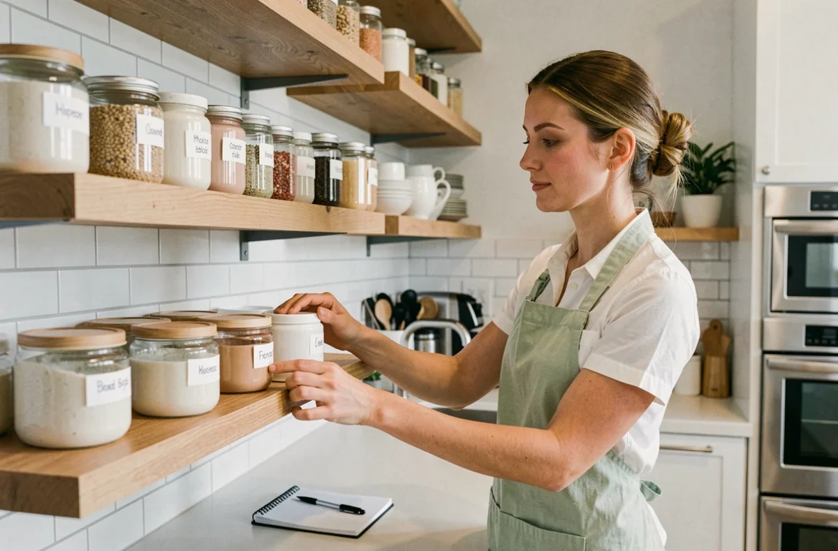 Aide ménagère organisant des étagères de cuisine avec des contenants étiquetés