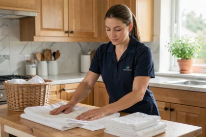 Aide ménagère professionnelle pliant du linge propre dans une cuisine familiale moderne