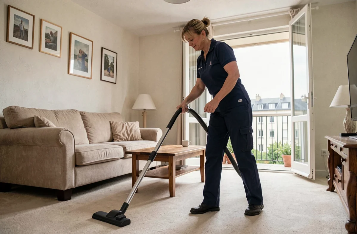 Aide-ménagère passant l'aspirateur dans un salon résidentiel avec vue sur Créteil
