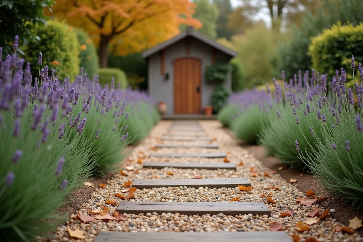 Allée de jardin réalisée avec des traverses de chemin de fer récupérées menant à un cabanon