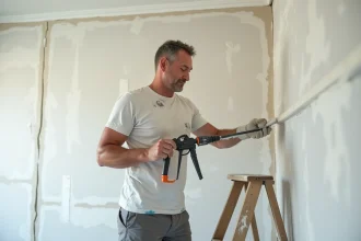 Artisan appliquant un joint acrylique blanc avec un pistolet à cartouche sur la jonction mur-plafond avant peinture pour masquer les défauts d'enduit