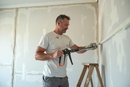 Artisan appliquant un joint acrylique blanc avec un pistolet à cartouche sur la jonction mur-plafond avant peinture pour masquer les défauts d'enduit