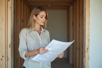 Architecte femme examine plans sur un chantier de maison