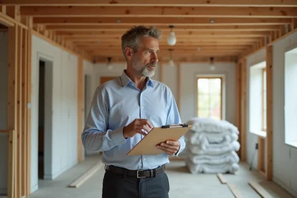 Architecte examinant des plaques d'isolation dans un chantier moderne
