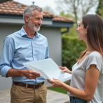 Architecte discutant avec une propriétaire devant une pergola moderne