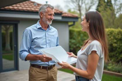 Architecte discutant avec une propriétaire devant une pergola moderne