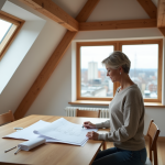 Femme d'âge moyen examinant des plans dans un atelier rénové