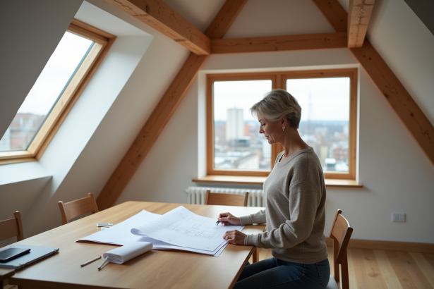 Femme d'âge moyen examinant des plans dans un atelier rénové