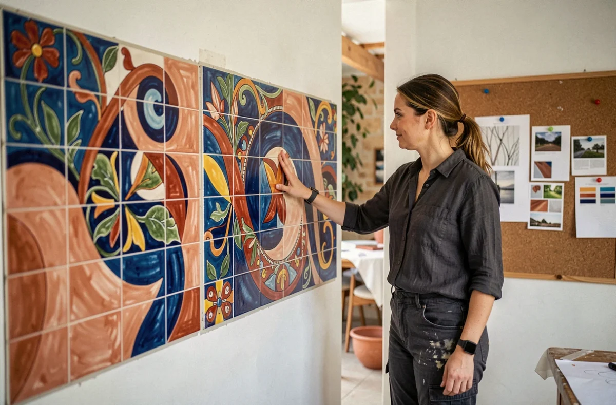 Artisane d'Art & Nova installant un carrelage mural artistique peint à la main dans un salon méditerranéen