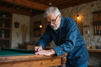 Artisan ancien polissant une rampe de billard en bois