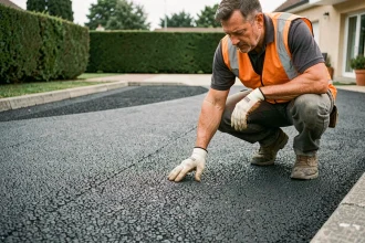 Artisan poseur inspectant une surface d'enrobé drainant fraîchement posée sur une allée résidentielle, montrant les détails de texture et d'épaisseur du revêtement poreux