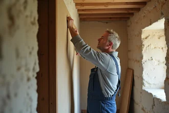 Homme en overalls posant du placo sur mur en pierre ancienne