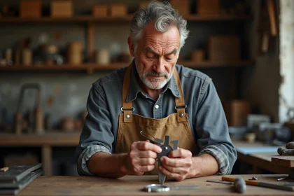 Artisan expérimenté tenant un outil de mesure Delpherm dans son atelier de menuiserie
