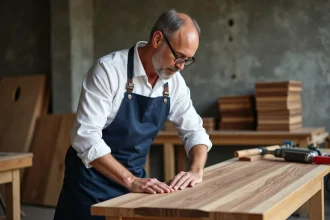 Artisan ébéniste appliquant un placage bois exotique sur un meuble haut de gamme dans un atelier de menuiserie professionnel