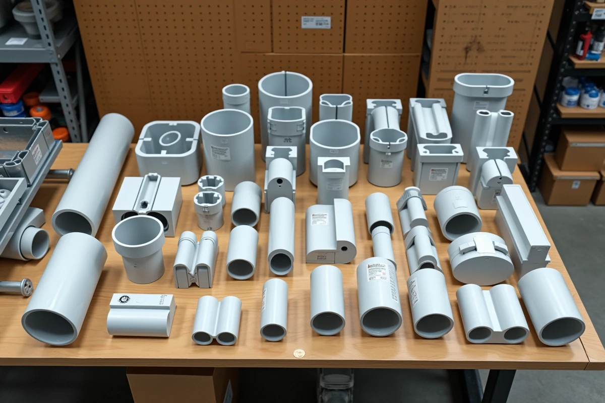 Assortiment de goulottes en plastique de différentes tailles et raccords sur un établi de bricolage