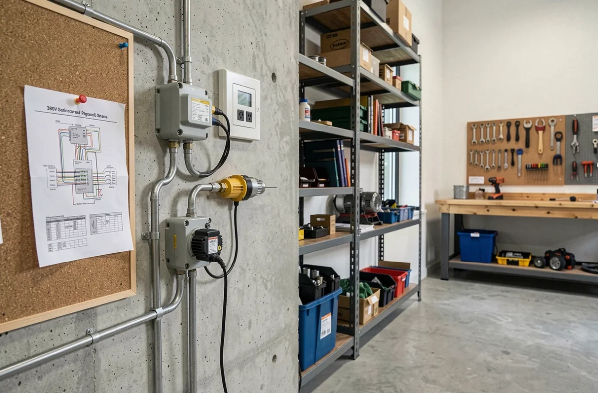 Vue d'ensemble d'un atelier domestique avec installation électrique mixte 380V triphasé et 220V monophasé et schéma technique affiché au mur