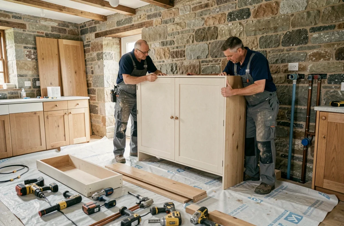 Équipe d'installateurs d'Auxilium AVS posant des caissons de cuisine dans une maison bretonne en pierre lors d'un chantier