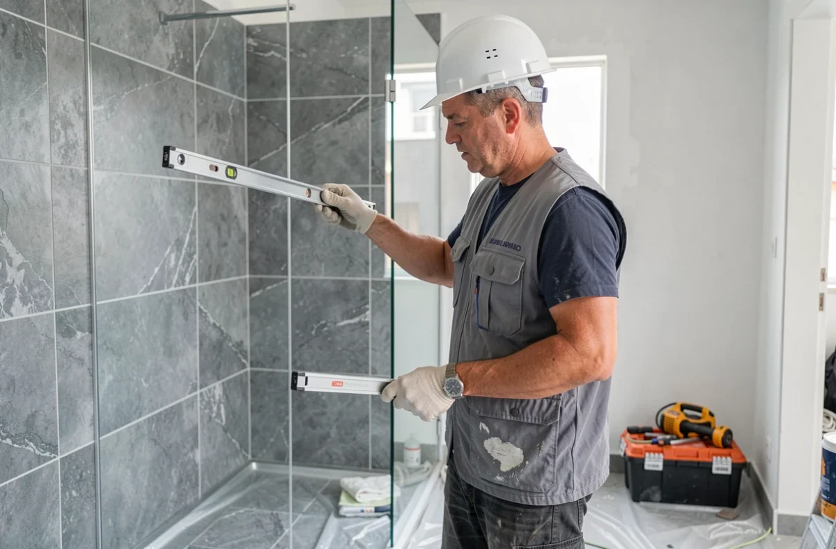 Entrepreneur d'AVM Renovation inspectant un carrelage de douche avec un niveau à bulle