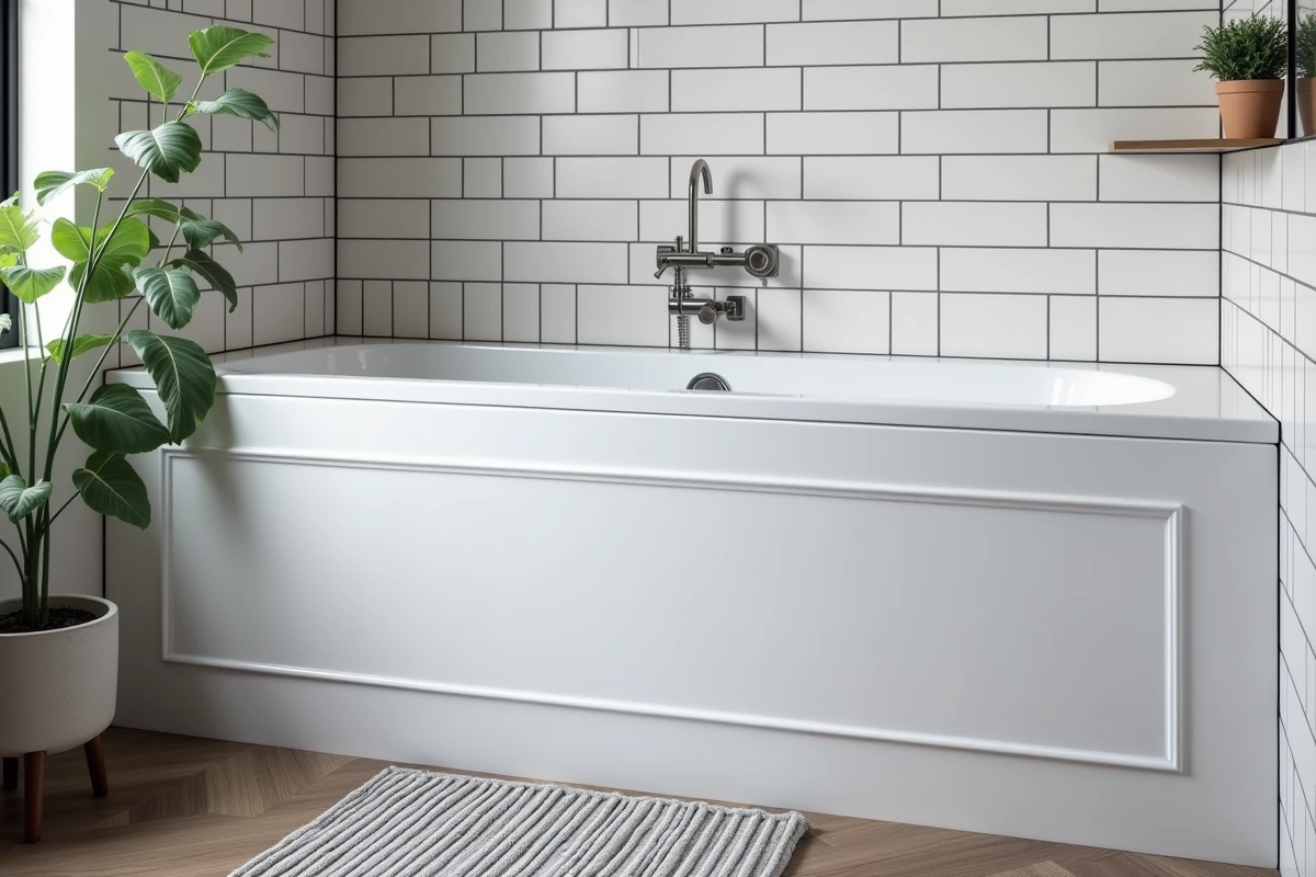 Baignoire encastrée compacte de 150 cm dans une petite salle de bain avec carrelage métro blanc et sol en chevron