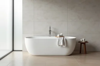 Baignoire autoportante blanche de 170 cm dans une salle de bain moderne avec carrelage beige et murs en pierre grise