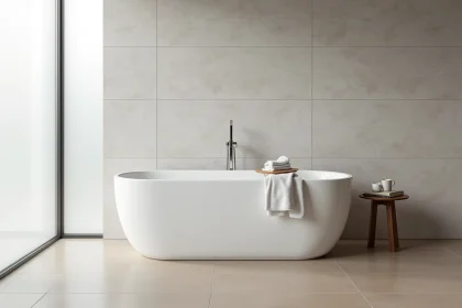 Baignoire autoportante blanche de 170 cm dans une salle de bain moderne avec carrelage beige et murs en pierre grise
