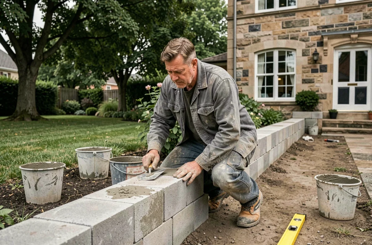 Un artisan de Bati Peric posant des parpaings pour la construction d'un mur de clôture dans un jardin parisien résidentiel