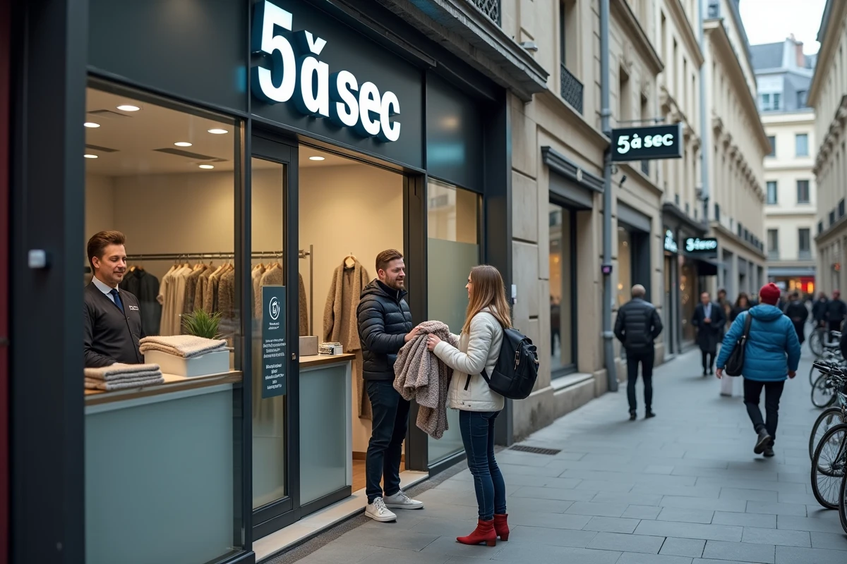 Boutique 5 à sec en ville avec client récupérant un tapis nettoyé au comptoir de réception