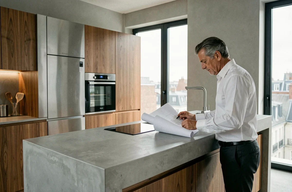 Cuisine premium Bulthaup Espace et Fonction à Rennes avec caissons aluminium et plan de travail en béton