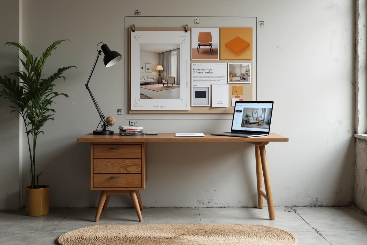 Coin bureau home office avec ordinateur portable affichant un logiciel IA de relooking intérieur entouré d'échantillons de matériaux avant travaux