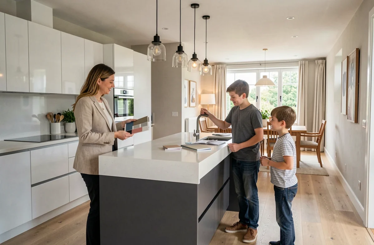 Cuisiniste Camille Foll au Relecq-Kerhuon présentant une cuisine contemporaine blanche et anthracite à une famille