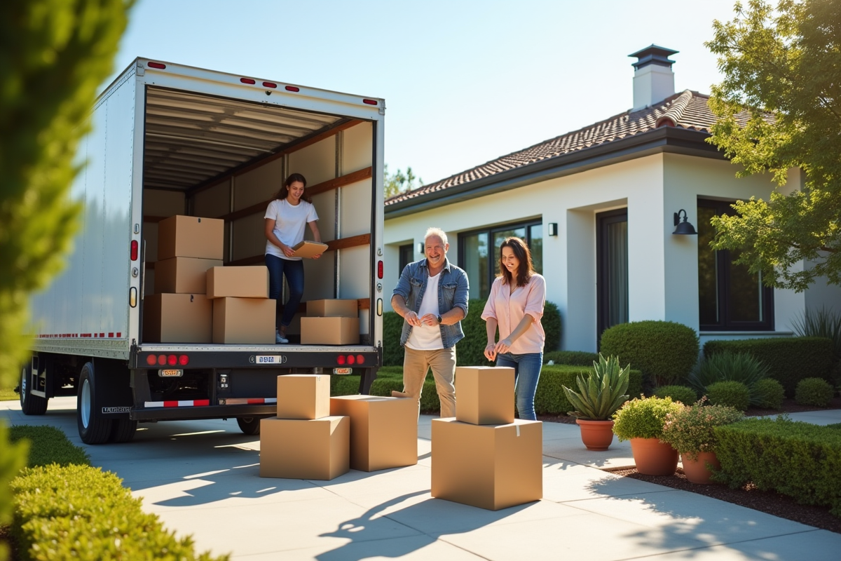 Camion de déménagement garé devant une maison moderne