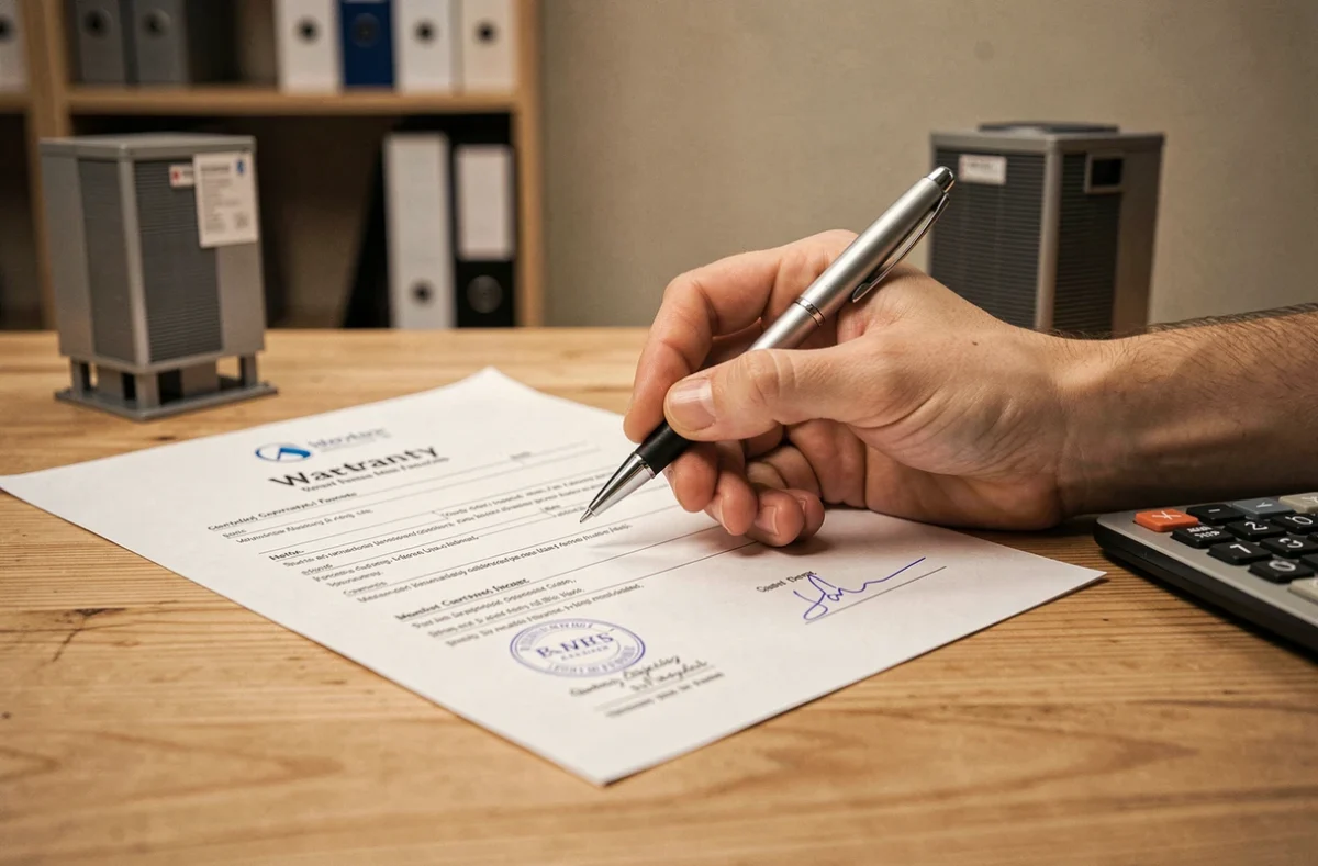 Gros plan sur un certificat de garantie pompe à chaleur signé posé sur un bureau avec calculatrice et maquette de l'équipement