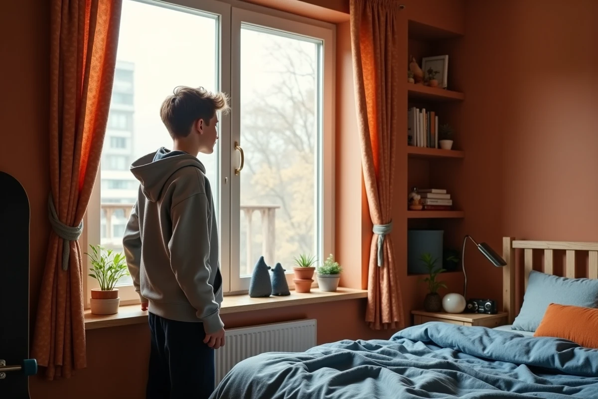 Adolescent dans sa chambre aux murs terracotta avec rideaux à motifs et linge de lit bleu denim, ambiance lifestyle