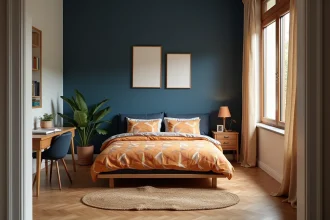 Chambre de garçon adolescent avec mur bleu marine, linge de lit géométrique rouille et sable, et rideaux en lin beige