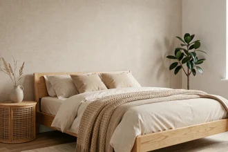Chambre zen avec papier peint beige texturé en lin et literie crème sur lit en chêne naturel