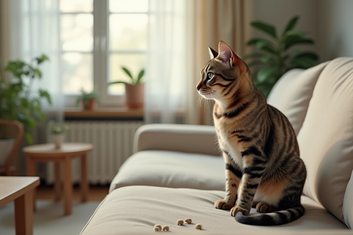 Chat tigré assis sur un canapé regardant des larves de mouche sur le rebord d'une fenêtre entrouverte dans un salon