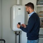 Homme souriant inspectant un chauffe-eau thermodynamique moderne dans une maison