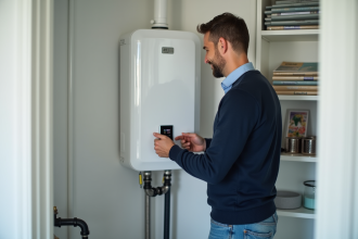 Homme souriant inspectant un chauffe-eau thermodynamique moderne dans une maison