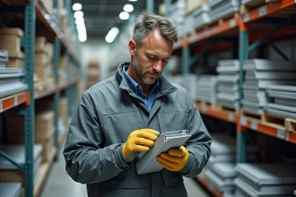 Professionnel du bâtiment examinant une cornière en aluminium dans un magasin de matériaux de construction