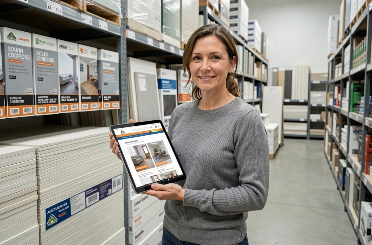 Femme consultant des options de placo isolant phonique en magasin de bricolage pour traiter un mur mitoyen bruyant