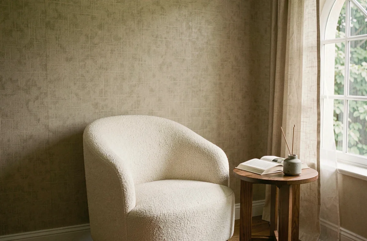 Coin lecture cosy en chambre avec papier peint beige effet herbe de mer, fauteuil bouclé crème et rideau lin