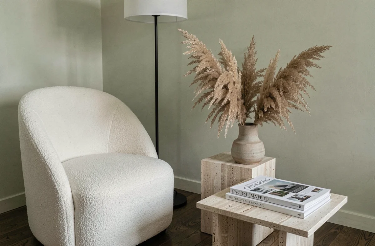 Coin salon raffiné avec fauteuil bouclé blanc, table en travertin et vase en céramique avec herbes de la pampa, illustrant le potentiel décoratif d'un espace bien agencé