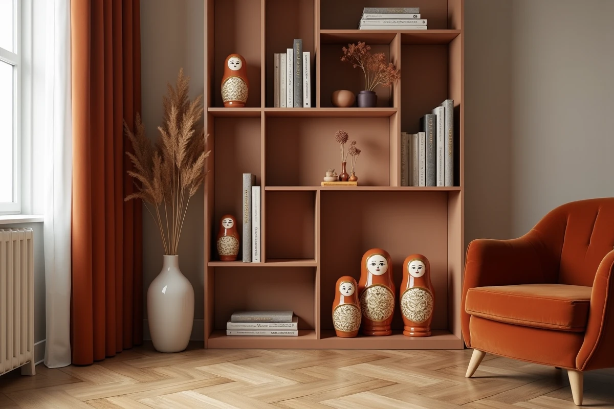 Collection de matriochkas russes intégrée dans une bibliothèque laiton avec décoration intérieure design et livres