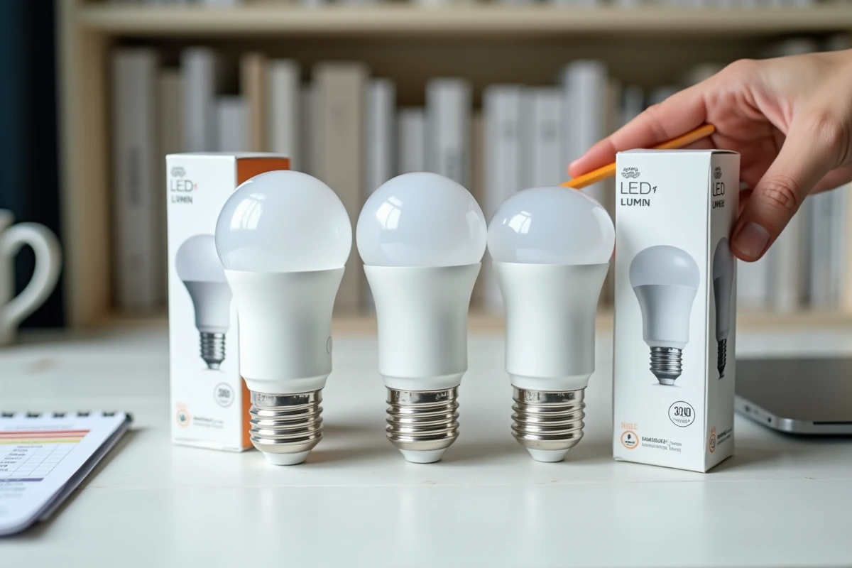 Comparaison de quatre ampoules LED avec valeurs lumens et watts sur un bureau de maison